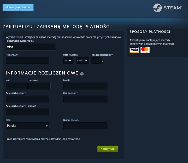 Adres rozliczeniowy Steam możemy uzupełnić samodzielnie przed dokonaniem zakupu. Źródło: własne / Steam. - Co to jest adres rozliczeniowy Steam? Odpowiadamy - wiadomość - 2024-09-23