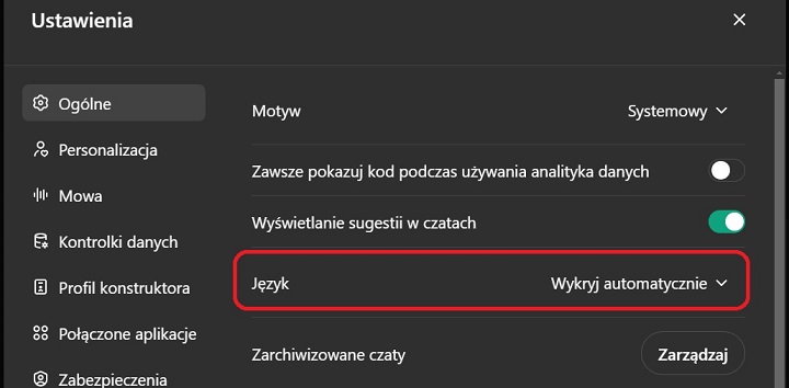 Zmiana języka w ChacieGPT z poziomu przeglądarki. Źródło: własne. - ChatGPT po polsku. Czy jest dostępny i jak zmienić język? Podpowiadamy - wiadomość - 2025-02-19