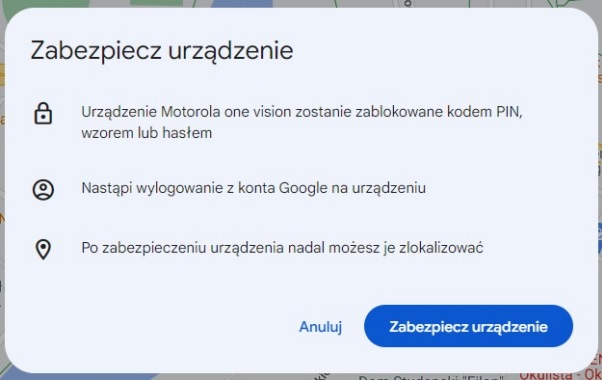 Strona „Znajdź telefon” w niektórych przypadkach oferuje możliwość zmiany kodu lub wzoru na zablokowanym telefonie. Źródło: własne.