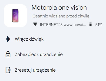 Strona „Znajdź telefon” pozwala na wykonanie zdalnego resetu smartfona. Źródło: własne.