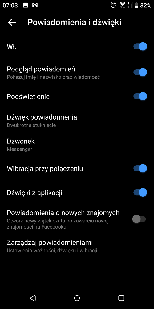 W ustawieniach aplikacji Messenger znajdziemy opcje związane z powiadomieniami. Źródło: Messenger.