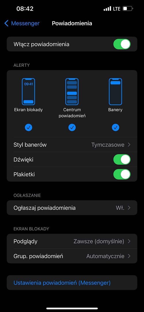 W ustawieniach systemu iOS również możemy zmienić opcje związane z powiadomieniami programu Messenger. Źródło: iOS.