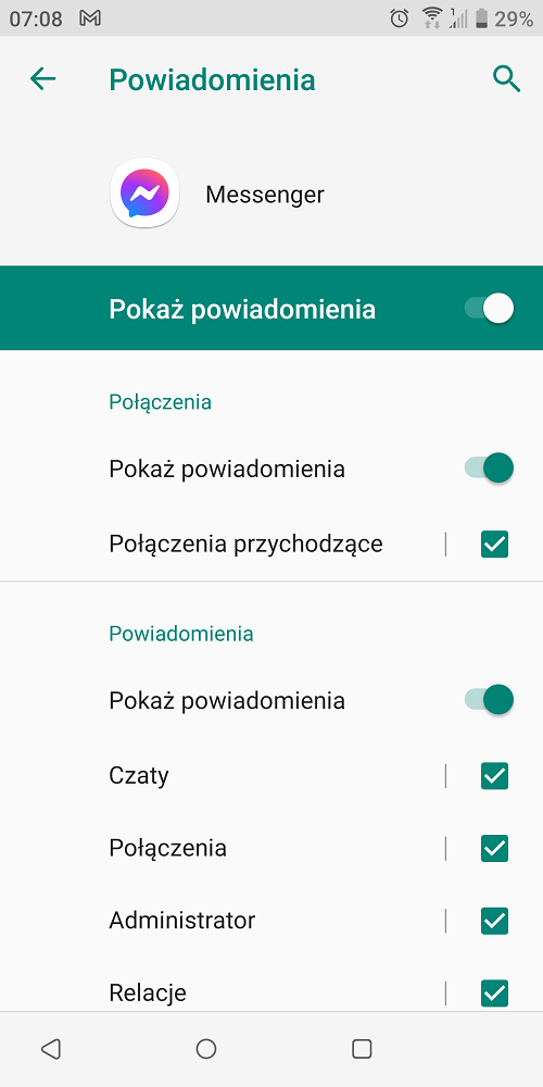 Opcje związane z powiadomieniami Messengera znajdziemy też w ustawieniach systemu. Źródło: Android.