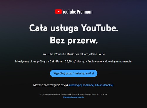 YT Premium można sprawdzić w ramach miesiąca próbnego. Źródło: YouTube Premium.