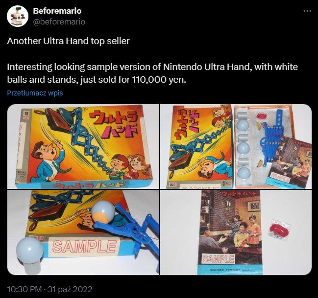 Prosta zabawka oparta na ruchomym, plastikowym mechanizmie stanowiła jeden z popularniejszych produktów Nintendo w okresie sprzed wejścia na rynek gier wideo. Jak widać – fani są gotowi obecnie zapłacić całkiem sporo za egzemplarz. Źródło: X / Beforemario. - 135 lat Nintendo. Firma której sprzęt jest legendarny, ale to gry zawsze robiły różnicę - wiadomość - 2024-09-24