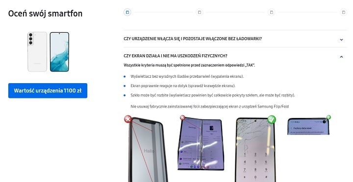 Wypełniając formularz Programu Odkup, musimy określić stan swojego smartfona. Źródło: własne. - Samsung - Program Odkup. Na czym polega i jak wygląda wycena? Sprawdzamy - wiadomość - 2025-01-23