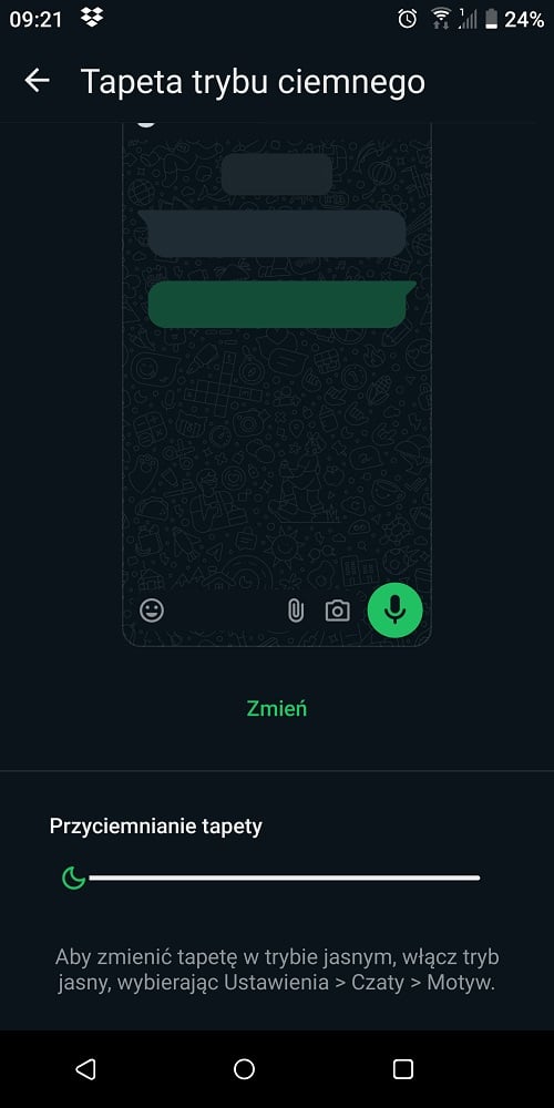 WhatsApp pozwala na zmianę tła dla wszystkich czató jednocześnie. Źródło: własne.