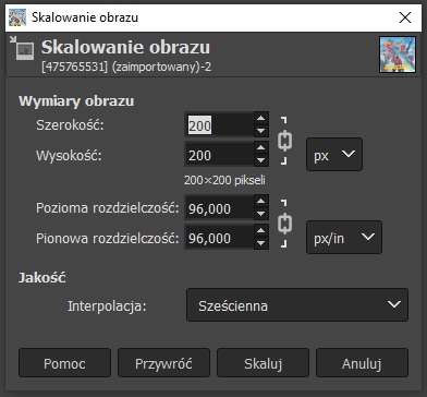 Programy graficzne, jak GIMP, mają wbudowane narzędzia do zmiany rozdzielczości obrazów. Źródło: własne.