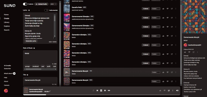 Suno oferuje dwa tryby generowania muzyki – prosty i nieco bardziej rozbudowany. Źródło: własne. - Suno i Udio AI - jak generować własną muzykę z użyciem sztucznej inteligencji? - wiadomość - 2024-07-19
