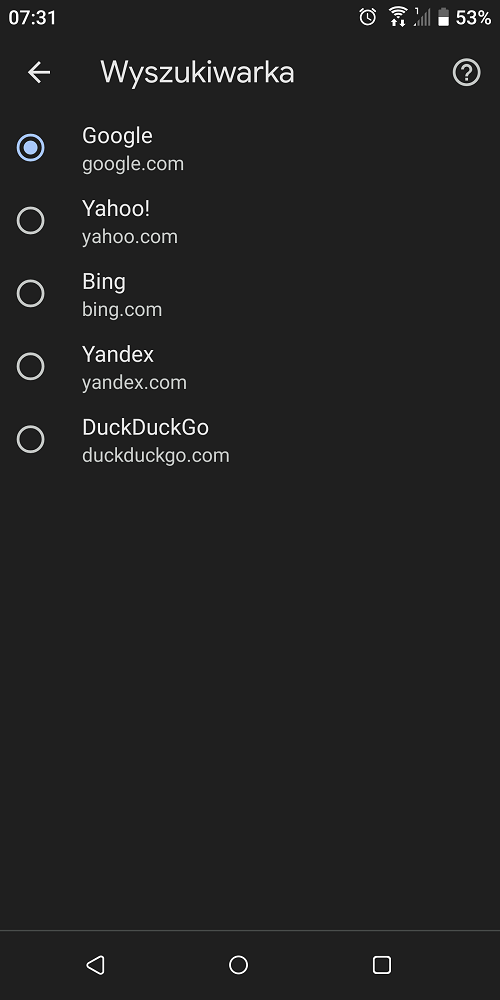 Mobilna wersja aplikacji Google Chrome pozwala nam wybrać domyślną wyszukiwarkę. Źródło: własne.