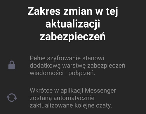 Komunikat o zwiększonym bezpieczeństwie czatu oznacza objęcie danej konwersacji pełnym szyfrowaniem. Źródło: własne / Messenger.